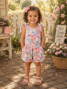 SweetHoney Floral Tie-Shoulder Romper - Pink, Blue, Green 4T (022)